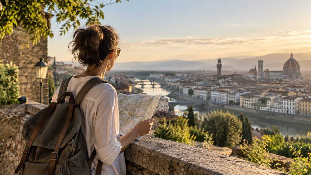 Traveler planning a European city trip with a map