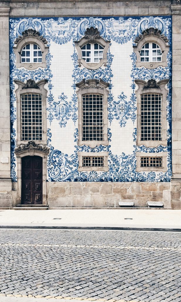 Traditional blue and white azulejo tiles in Porto, Portugal