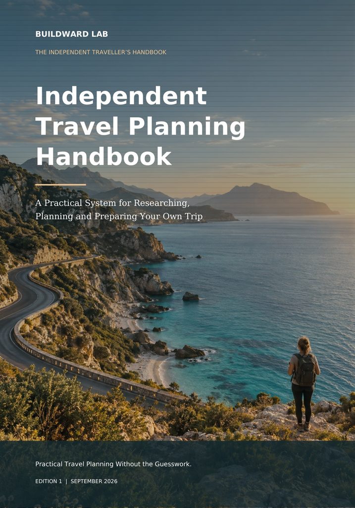 Cover of the Independent Travel Planning Handbook by Buildward Lab, featuring a scenic coastal road, turquoise sea and a traveller overlooking the coastline.