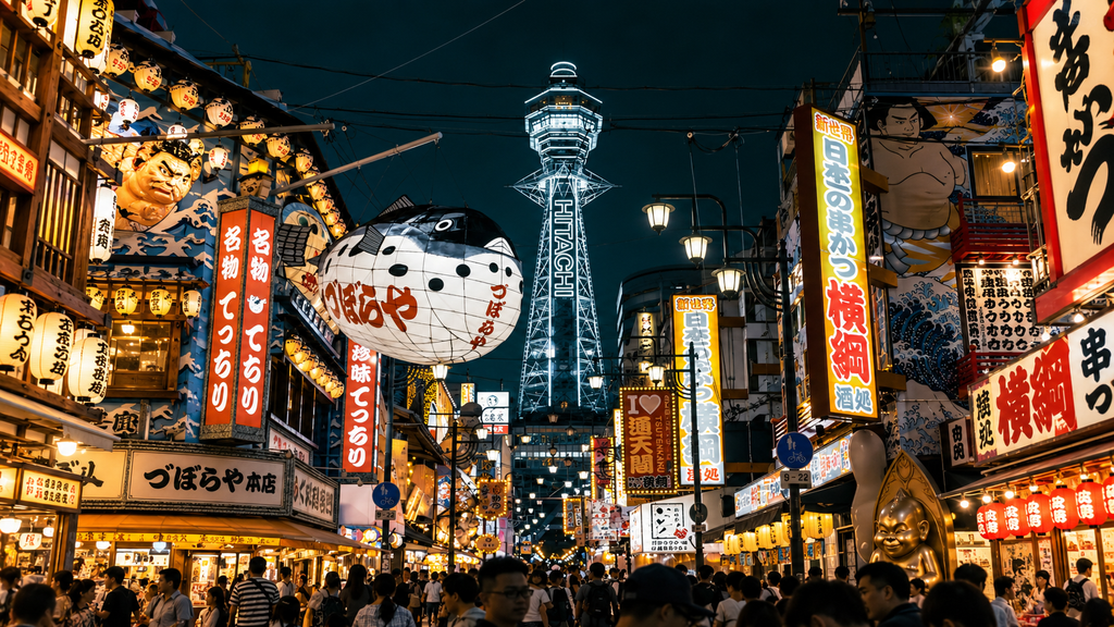 Tsutenkaku Tower illuminated above the lively Shinsekai district in Osaka, Japan, with colorful restaurant signs, traditional lanterns, and busy streets at night.
