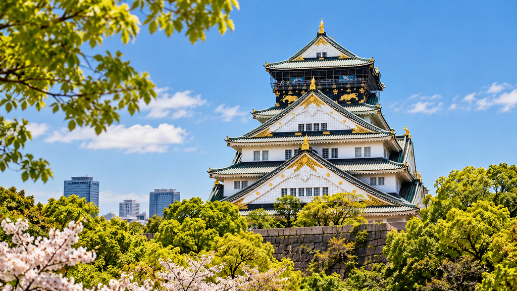 Osaka Castle in Osaka, Japan, featuring traditional Japanese architecture with white walls, green roofs, and golden details, surrounded by lush trees and spring blossoms.
