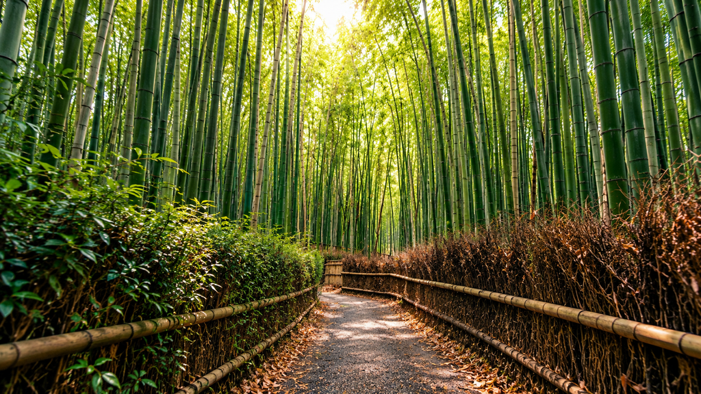 A peaceful walking path winding through Arashiyama Bamboo Grove in Kyoto, Japan, surrounded by towering green bamboo stalks and warm sunlight filtering through the forest.