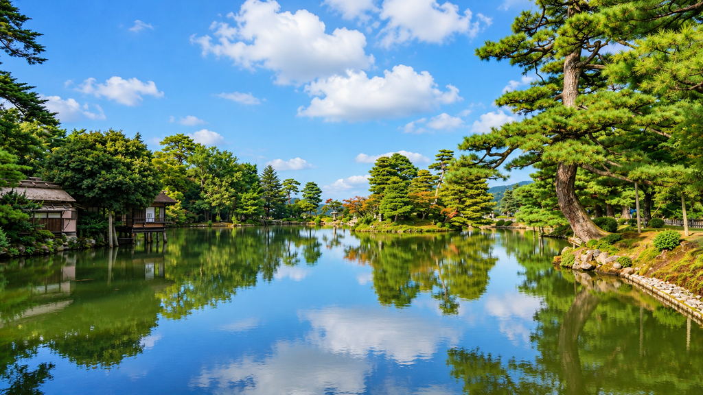 Scenic pond reflecting blue skies and traditional Japanese pine trees in Kenrokuen Garden, Kanazawa, Japan.